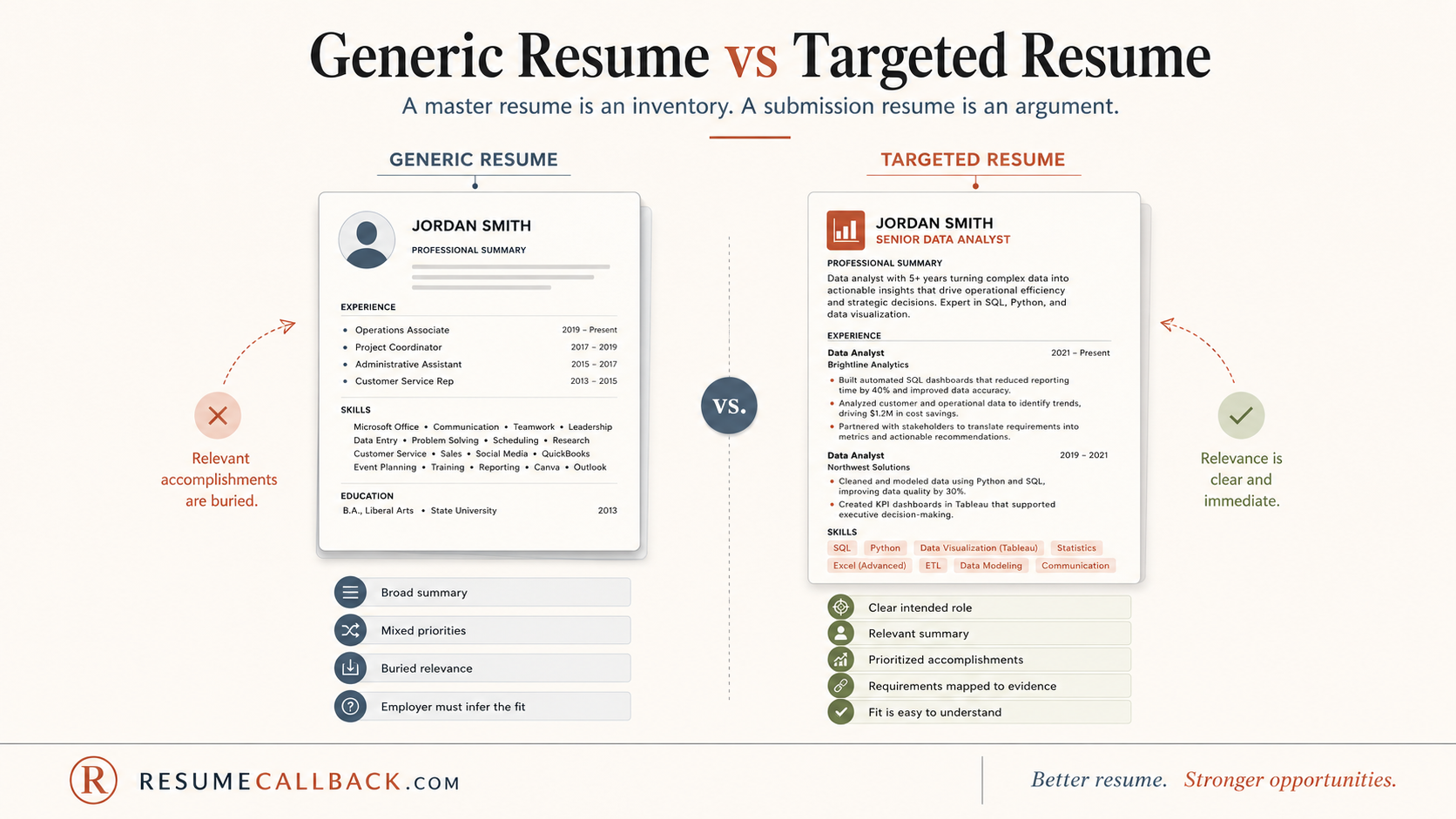 Diagram: one generic resume versus a targeted resume built for a specific role
